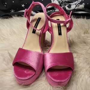Pink Velour Chunky Heels with Ankle Strap